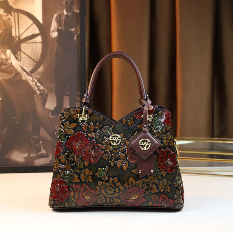 2024 Retro Floral Large Capacity Handbag – Elegant Shoulder Bag for Women | Vintage Embossed Leather | 31×14×22 cm - Gaas bag's room