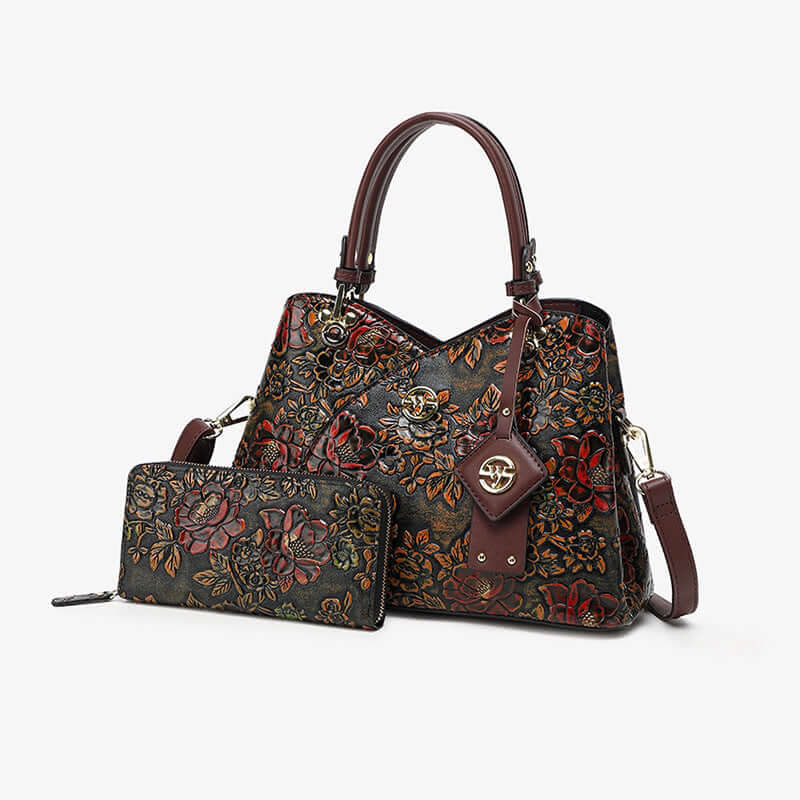2024 Retro Floral Large Capacity Handbag – Elegant Shoulder Bag for Women | Vintage Embossed Leather | 31×14×22 cm - Gaas bag's room